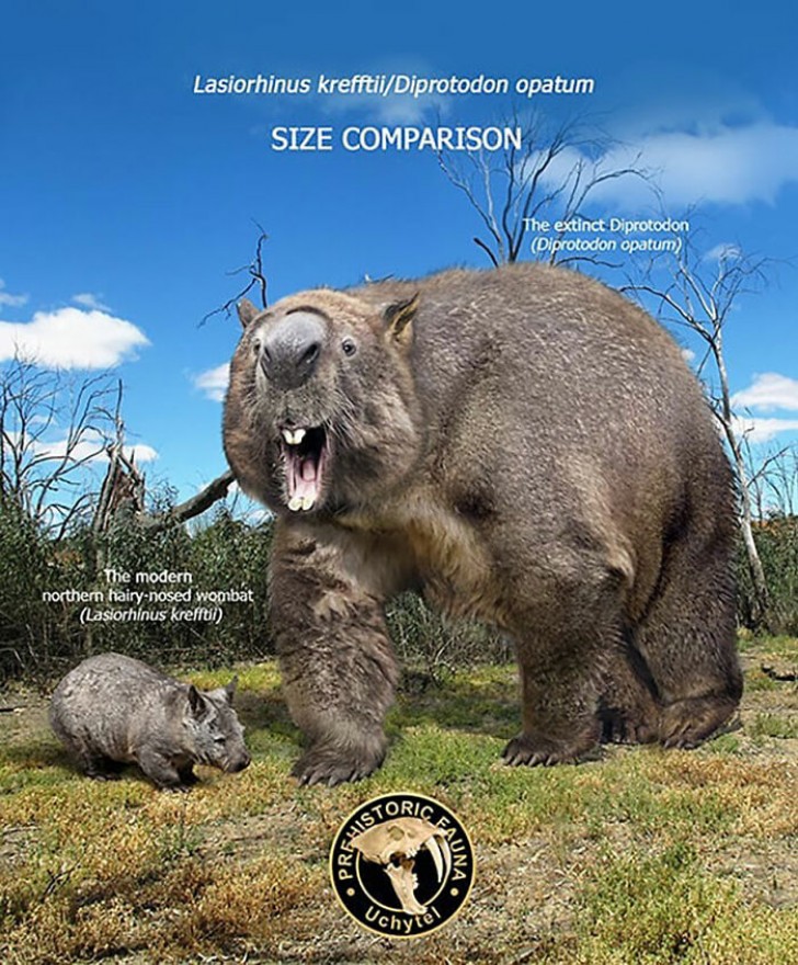 7. Een wombat; Australisch buideldier naast zijn prehistorische verwant Dirpotodon