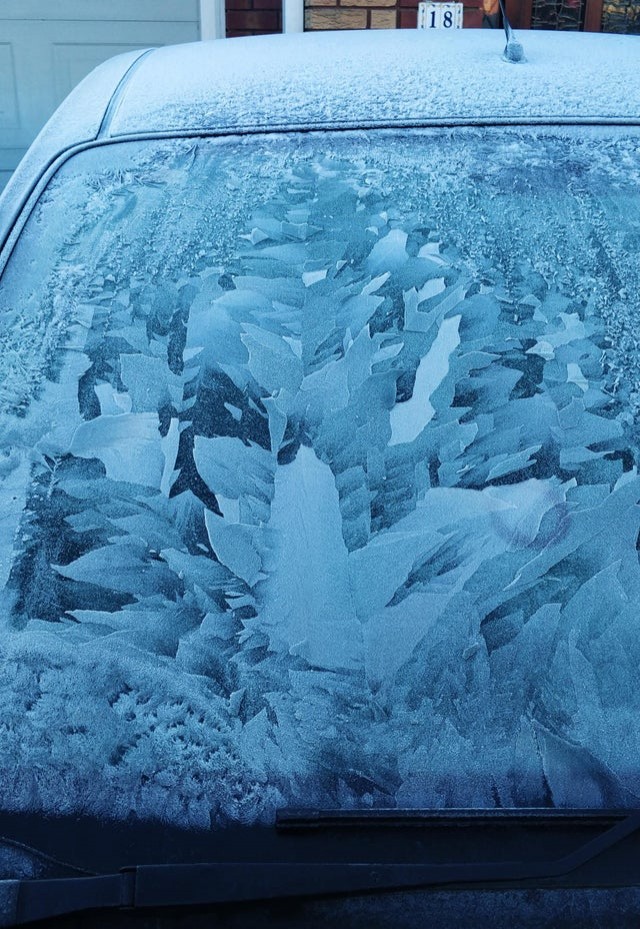 12. Het perfect geometrische ontwerp gecreëerd door het ijs op het glas van de auto.