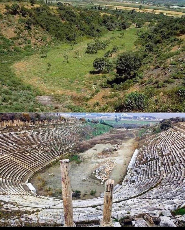 3. Zwei Fotos zeigen die Ausgrabungen im antiken Griechenland vor und nach der Ausgrabung.