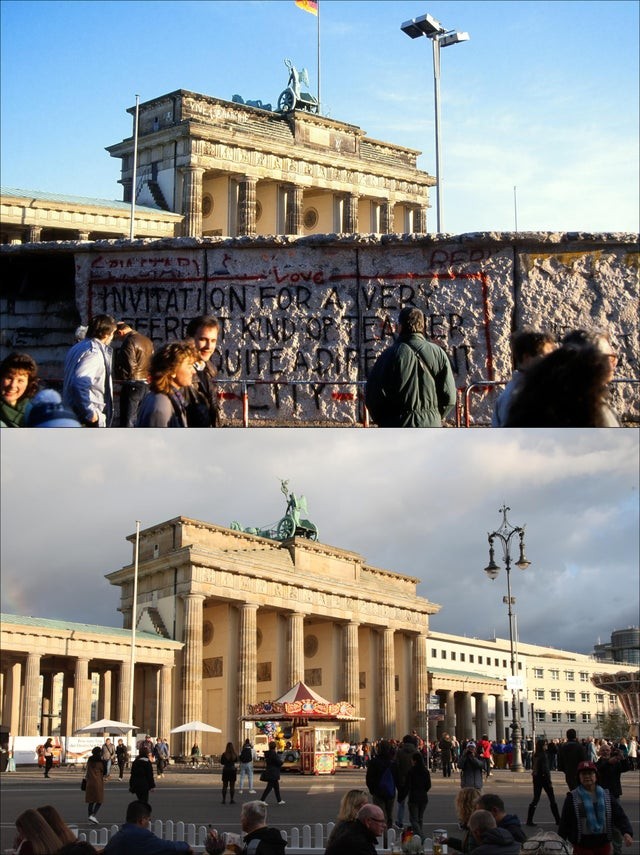 5. Die Berliner Mauer, als sie noch stand und nach dem Fall der Mauer.