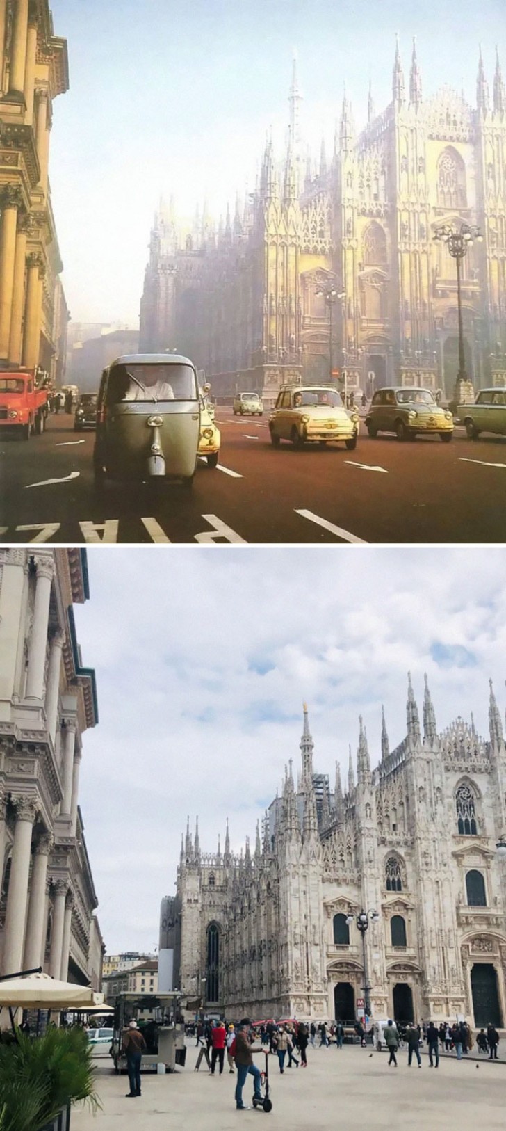 9. La cathédrale de Milan, avec les voitures d'hier et d'aujourd'hui : une zone réservée uniquement aux piétons.