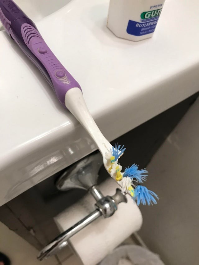 9. Sie hat die Zahnbürste ihres Mitbewohners gefunden: Sie sieht so aus.