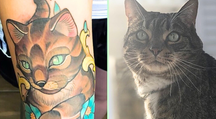 A sinistra, il tatuaggio di un gatto stilizzato. A destra, il gatto grigio e bianco al quale si ispira il disegno