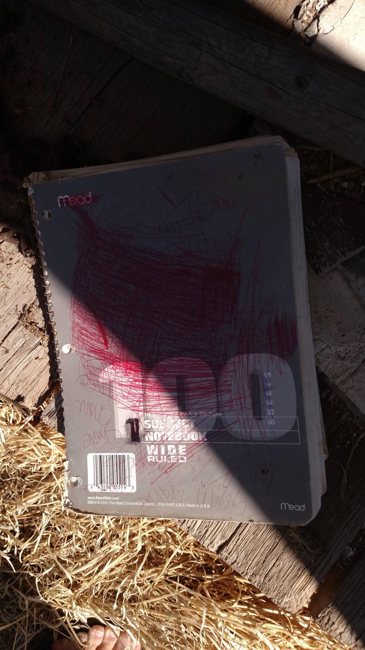 Un taccuino con la copertina scarabocchiata di rosso
