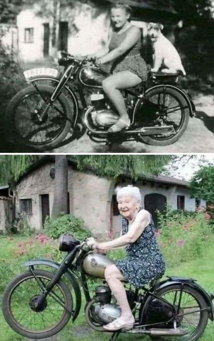 5. "72 ans d'écart. Même maison. La même femme. Même motocyclette."