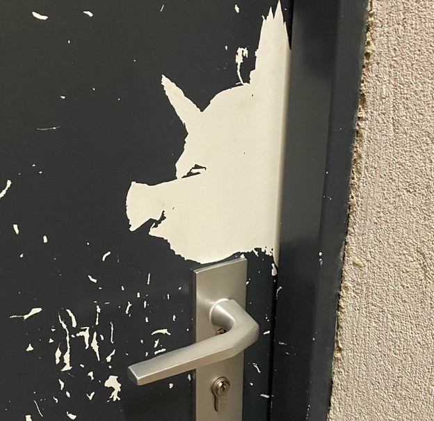 12. "La peinture écaillée de la porte de notre cave a pris la forme d'un cochon"