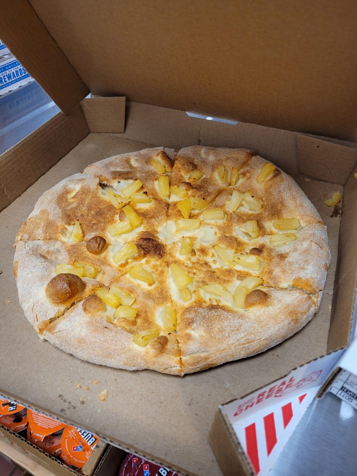 3. "Een heel trieste pizza: alleen ananas, ik heb er geen kaas of iets anders op gedaan"