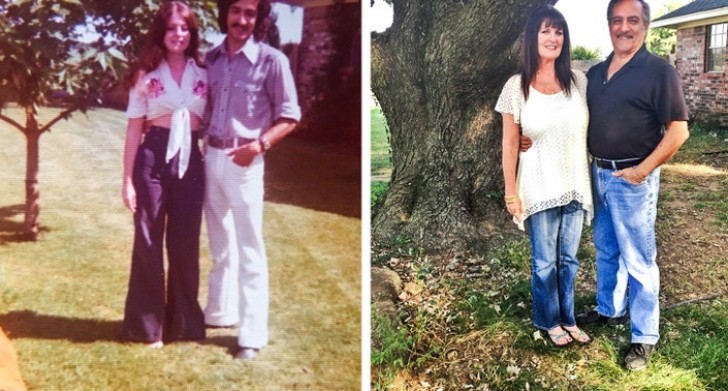 10. “Mijn ouders naast dezelfde boom in 1975 en 2016”