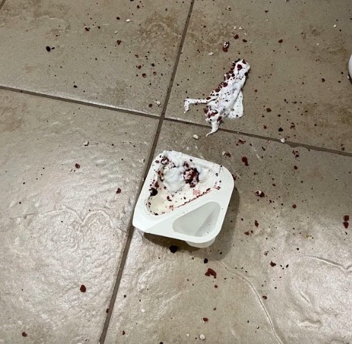 10. Kaum hatte er den Joghurt geöffnet, ließ er ihn auf den Boden fallen und verschmutzte den ganzen Boden.