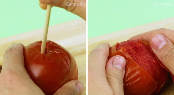 Pelare i pomodori con un bastoncino di legno