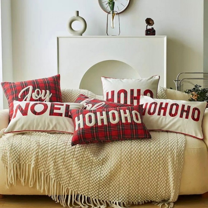 Kawani Set Di 2 Federe Per Cuscini Natalizie 45x45 Cm - Grigio, Rosso, Beige Con Alberelli Di Natale - Cuscini Decorativi In Lino Di Cotone Per Divano, Camera Da Letto, Salotto - Ideali Per Atmosfera Festosa