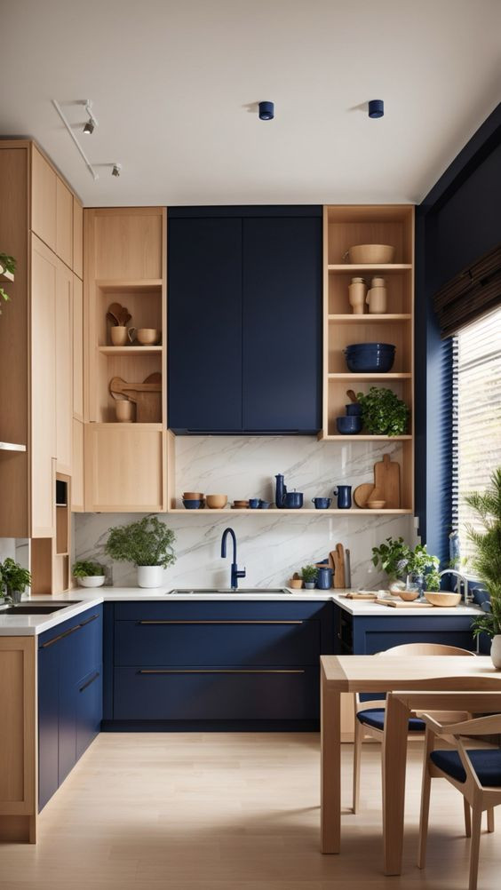 Blu e legno chiaro per una cucina luminosa