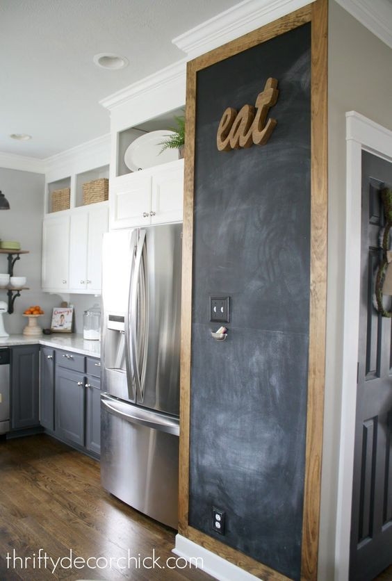 a kitchen wall painted with blackboard paint