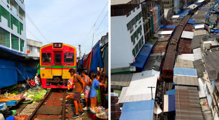 Gros plan sur le train qui traverse le marché sur les voies ferrées de Maeklong