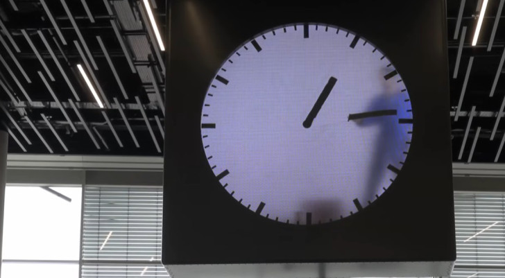 Die Uhr am Amsterdamer Flughafen, bei der ein Mann die Zeiger zu zeichnen scheint