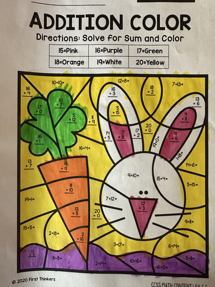Het wiskundehuiswerk met het konijntje om in te kleuren