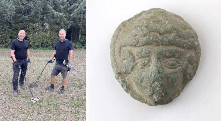 De twee archeologen die het artefact ontdekten, en het artefact met Alexander de Grote
