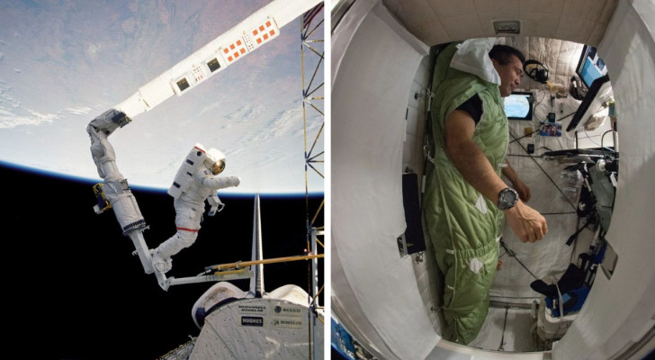 Astronauta in missione nello spazio e mentre dorme sulla ISS