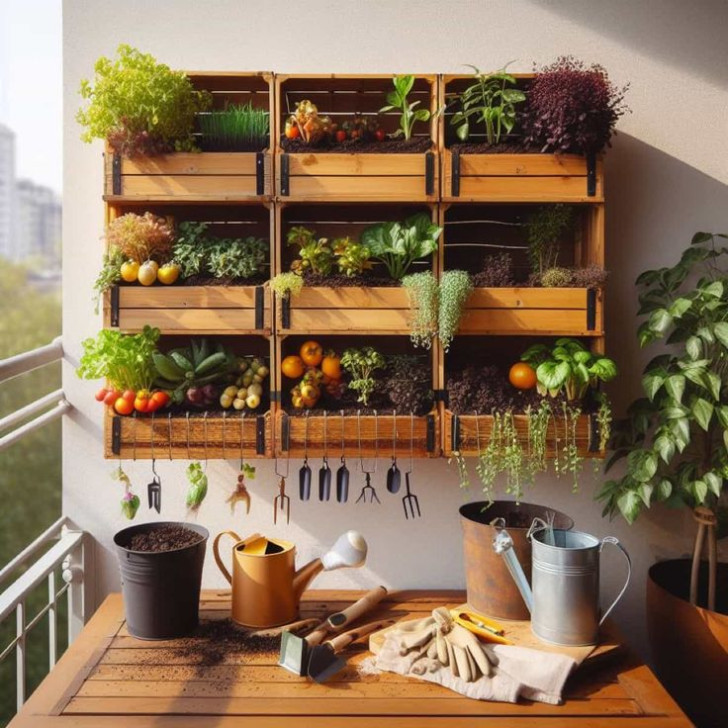 Vertical vegetable patch mounted on a balcony wall