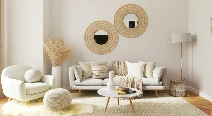 A living room furnished with objects in matching colors and similar shapes, grouped into 3's