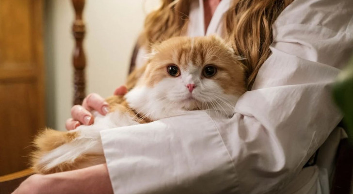 Gatto guarda l'obiettivo stando nelle braccia della proprietaria
