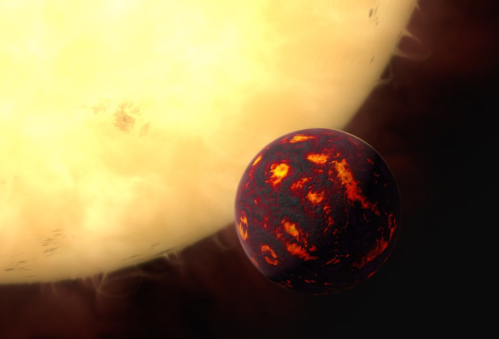 Rappresentazione artistica della super-Terra 55 Cancri e davanti alla sua stella madre