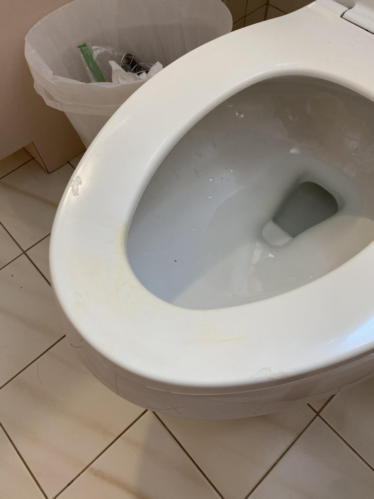 WC con macchie gialle sul copri sedile in un bagno