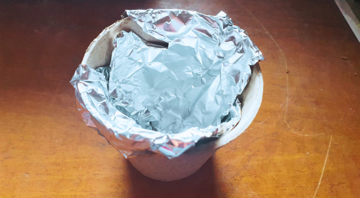 a cardboard flower pot for seedlings, lined with aluminum foil