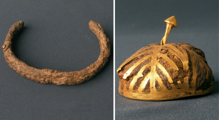 Bracciale in ferro e semisfera cava di ferro ricoperta di lamine d'oro