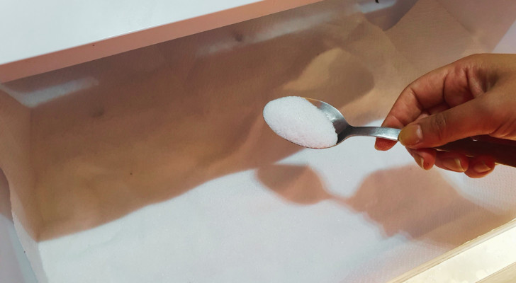 cucchiaio che sparge bicarbonato sul fondo di un cassetto del frigo foderato con carta assorbente