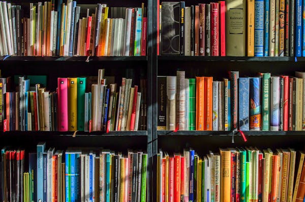 stacks of books on the shelves of a bookcase