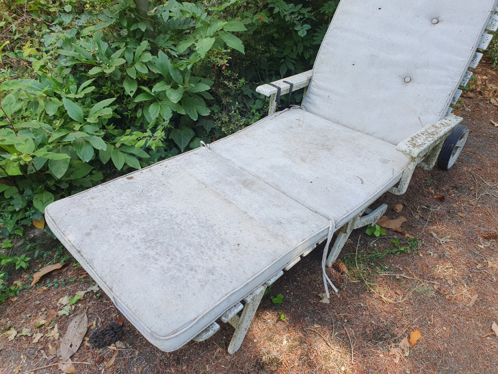 a white cushion covered in mold on a sunbed in a garden