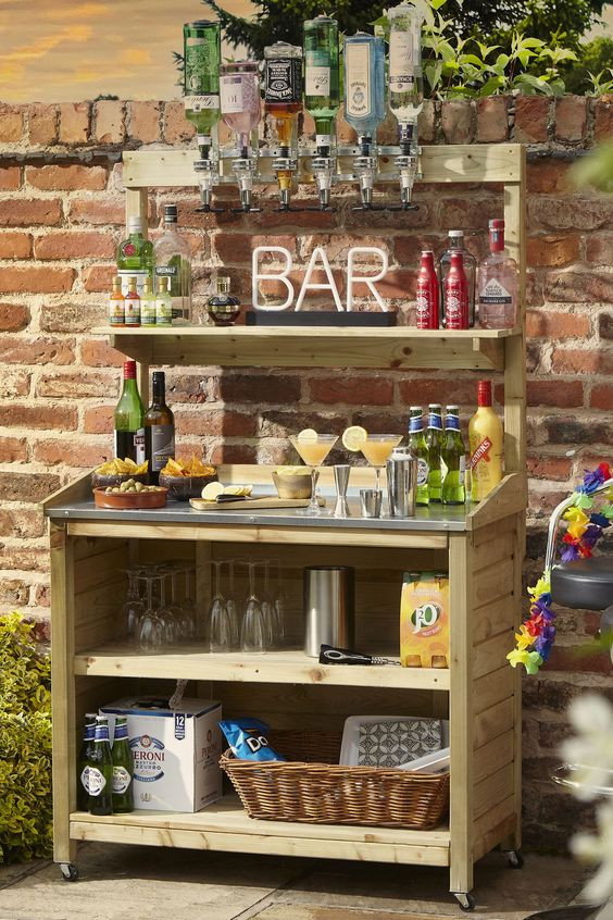 outdoors, wooden mini-bar