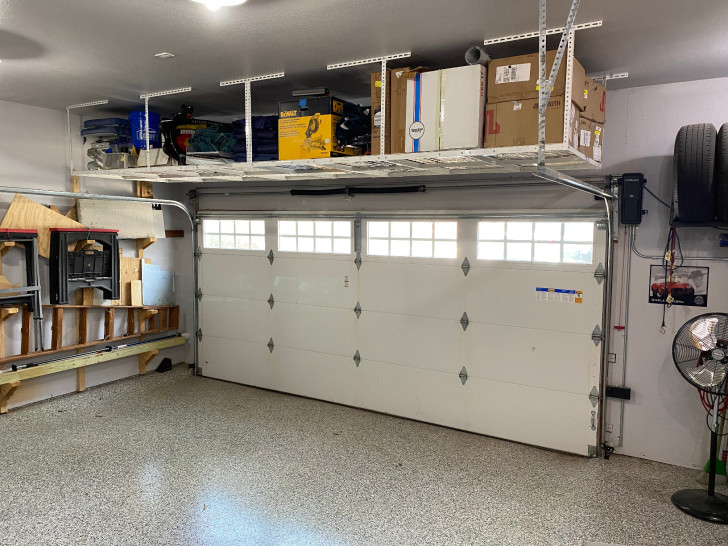 Ceiling-mounted storage shelves