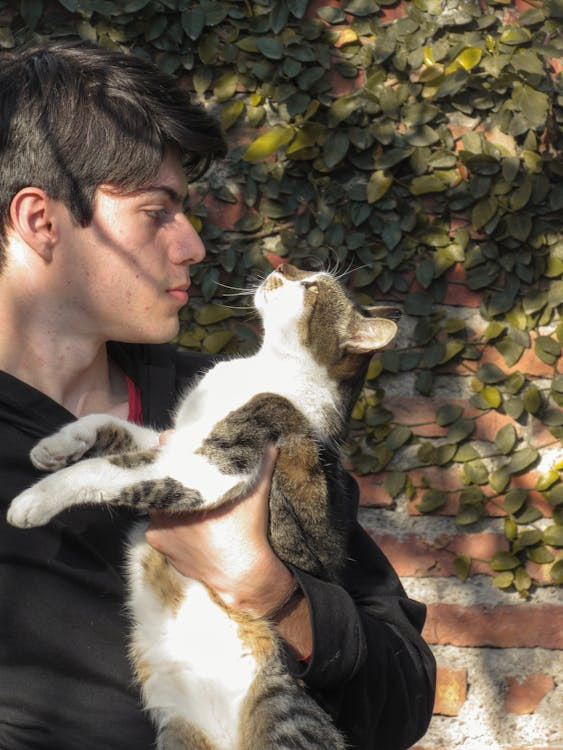 Un ragazzo con in braccio un gatto mentre si guardano negli occhi