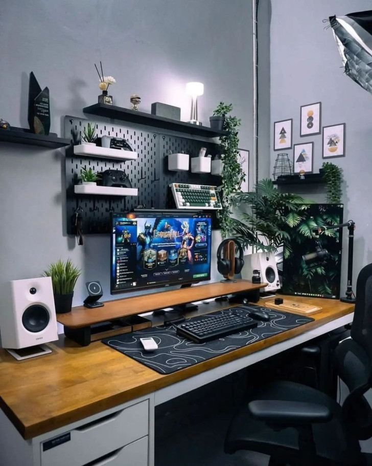 Potted plants on a desk crowded with hi-tech