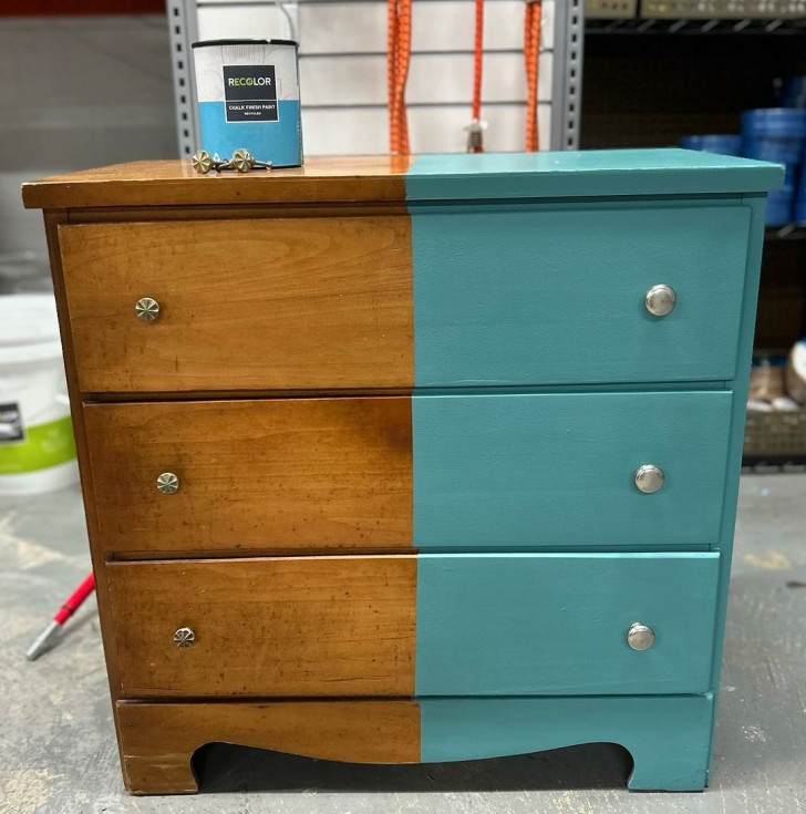 a wooden chest of drawers with one half painted with chalk paint