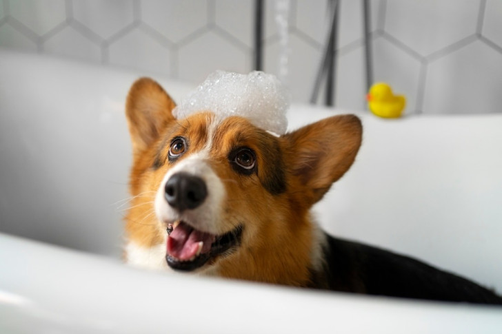 un corgi che viene lavato nella vasca di casa