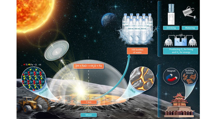 Rappresentazione delle modalità con cui sarebbe possibile produrre acqua a partire dal suolo lunare