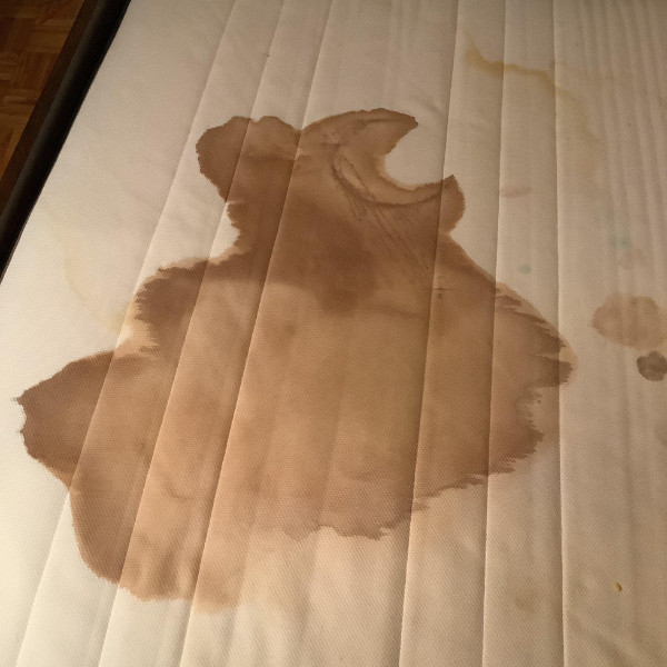 A large coffee stain on a sofa