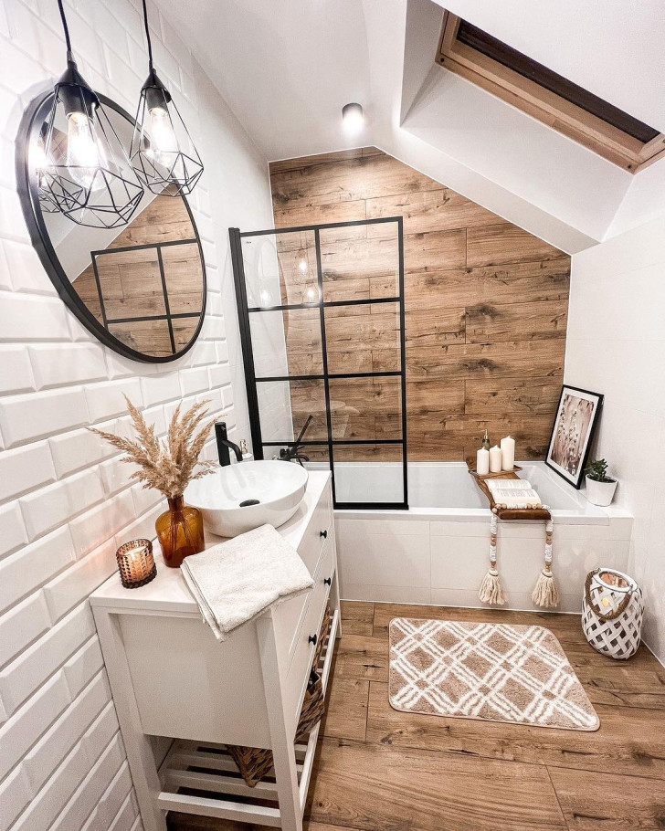 A Scandinavian-styled bathroom featuring an abundance of natural wood