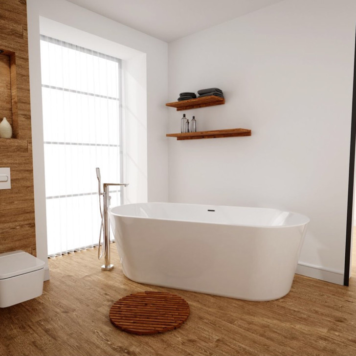 A brightly illuminated bathroom with natural light entering from a large window behind the bathtub