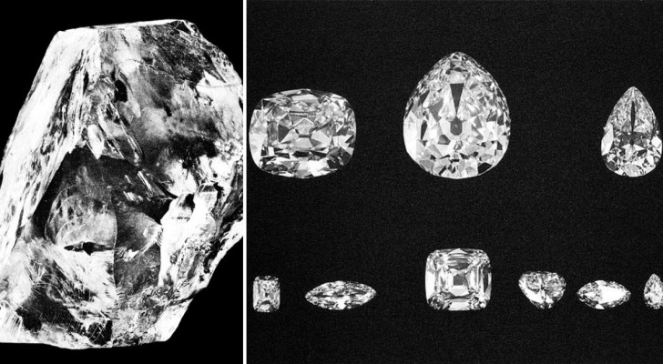 De Cullinan diamant in zijn oorspronkelijke ruwe vorm en de negen grote stukken waarin hij werd geslepen