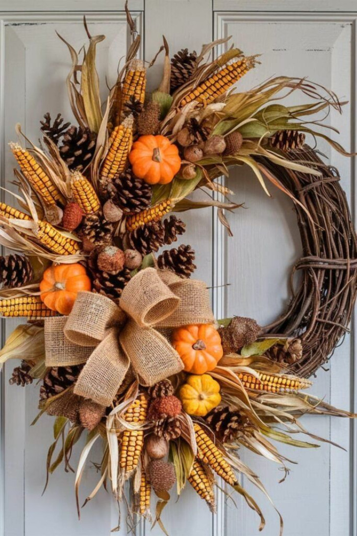 A wreath made with pine cones, corn cobs, small pumpkins and burlap bows