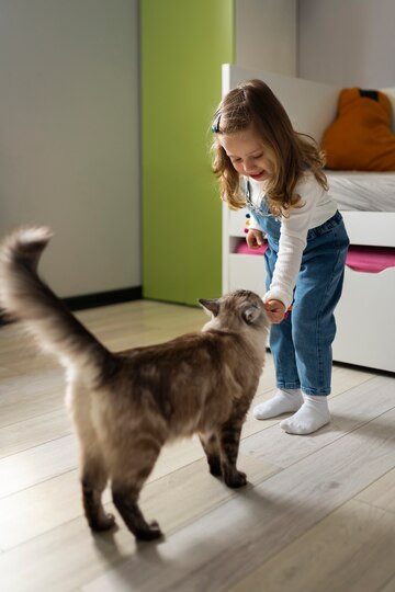 una bambina che fa avvicinare un gatto a sé