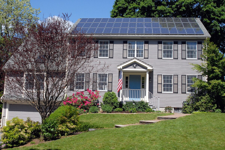 A "green energy" house with solar panels on the roof