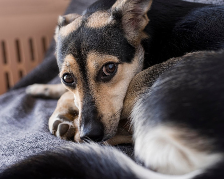 cane acciambellato su un divano che guarda con esitante l'obiettivo