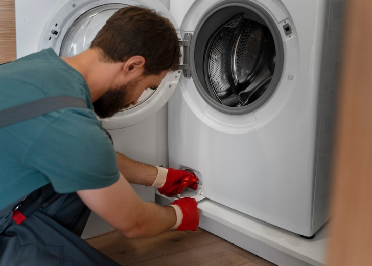 Un homme nettoyant le filtre du lave-linge