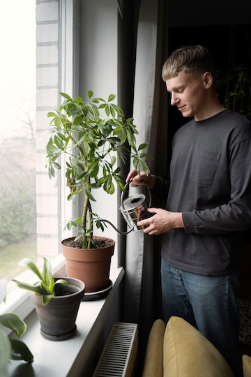 A man watering potted plants on a windowsill