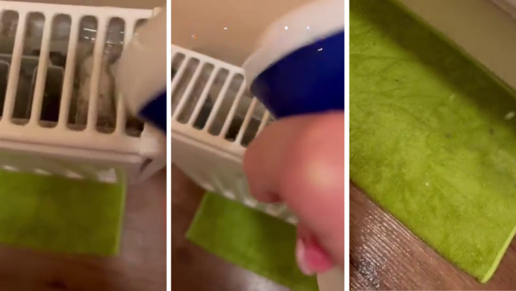 radiator cleaning procedure using a spray detergent and towels on the floor to collect the dirt